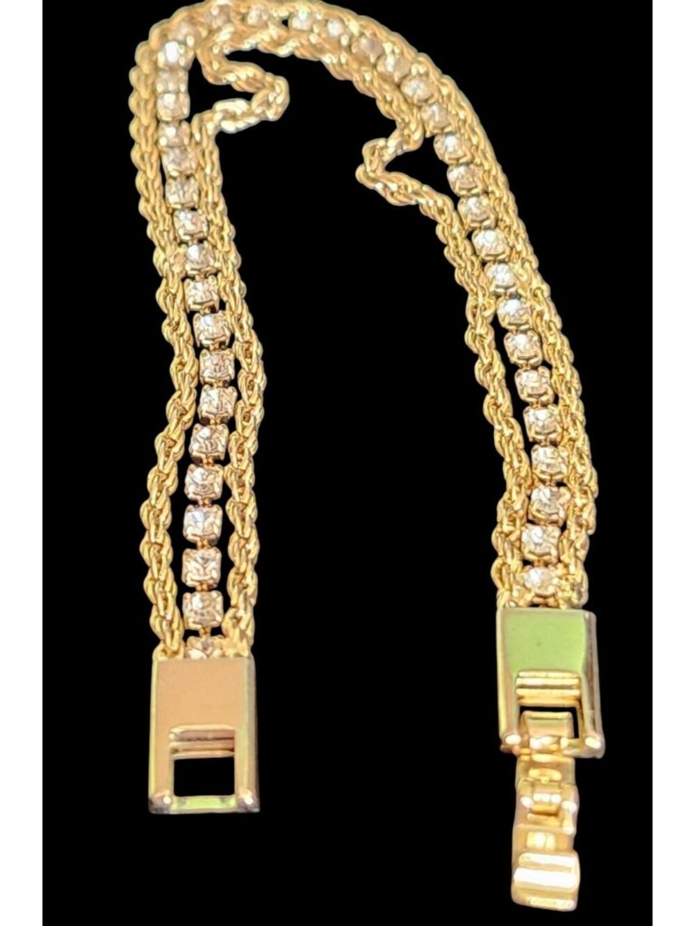 Vintage Triple Strand Gold Tone Bracelet With Rhinestone Chain Elegant Classic J